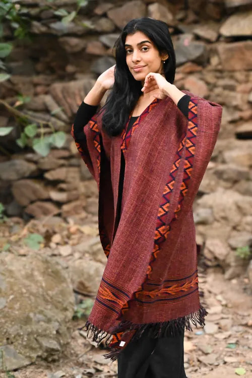 The ICH Exclusive Soft Himachal Wool Poncho With Woven Border - Chocolate Rust
