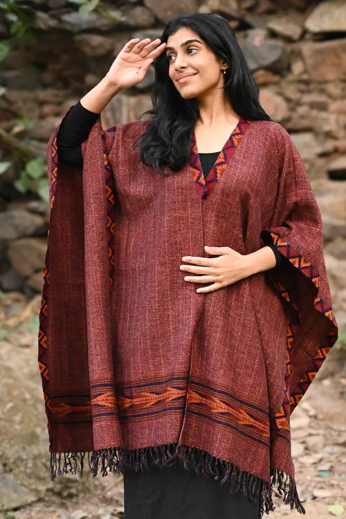 The ICH Exclusive Soft Himachal Wool Poncho With Woven Border - Chocolate Rust