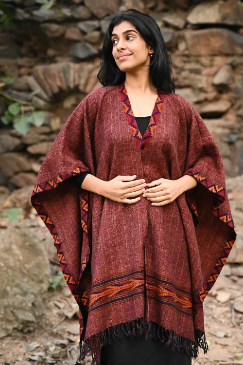 The ICH Exclusive Soft Himachal Wool Poncho With Woven Border - Chocolate Rust