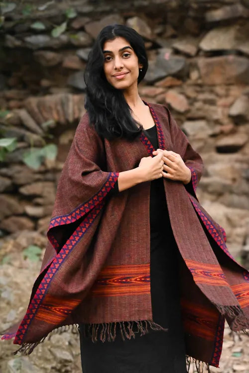 The ICH Exclusive Soft Himachal Wool Poncho With Woven Border - Smoked Coffee
