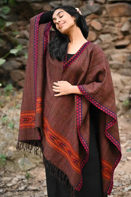 The ICH Exclusive Soft Himachal Wool Poncho With Woven Border - Smoked Coffee