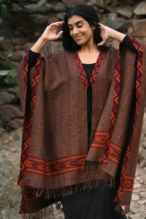 The ICH Exclusive Soft Himachal Wool Poncho With Woven Border - Coffee Spiced
