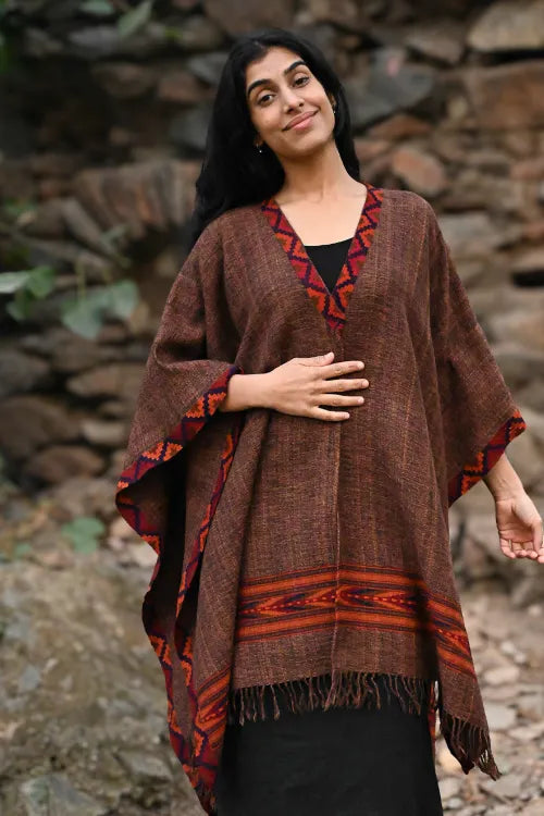 The ICH Exclusive Soft Himachal Wool Poncho With Woven Border - Coffee Spiced