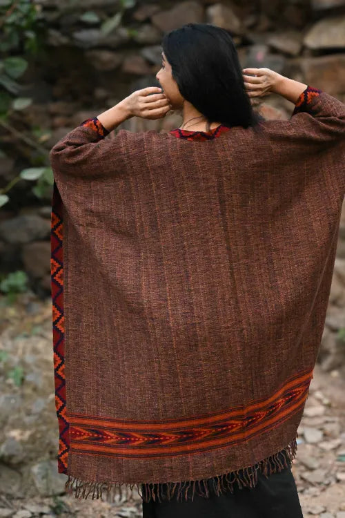 The ICH Exclusive Soft Himachal Wool Poncho With Woven Border - Coffee Spiced