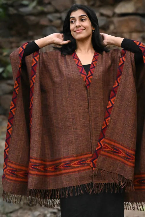 The ICH Exclusive Soft Himachal Wool Poncho With Woven Border - Coffee Spiced