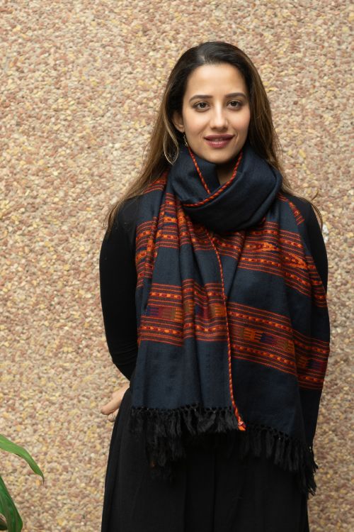 TICH Fine, Soft Himachal Self Striped Wool Stole - 3 Panels, Blue Black