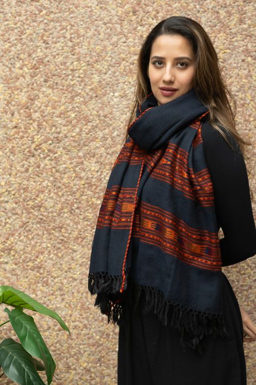 TICH Fine, Soft Himachal Self Striped Wool Stole - 3 Panels, Blue Black