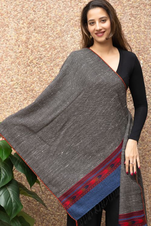 TICH Fine, Soft Himachal Wool Striped Stole - Grey & Blue
