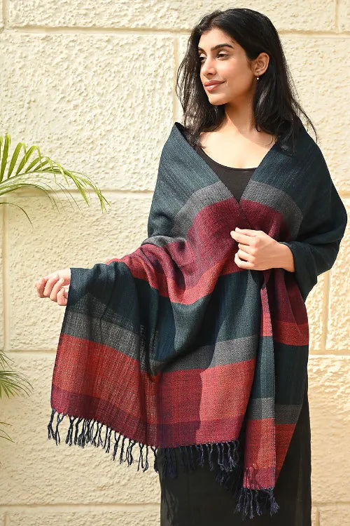 The ICH Fine, Soft Himachal Wool Self Striped Stole - Ashen Blue