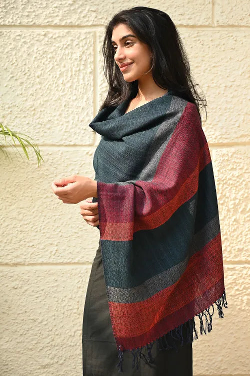 The ICH Fine, Soft Himachal Wool Self Striped Stole - Ashen Blue