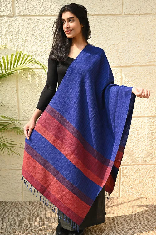 The ICH Fine, Soft Himachal Wool Self Striped Stole - Ink And Ember