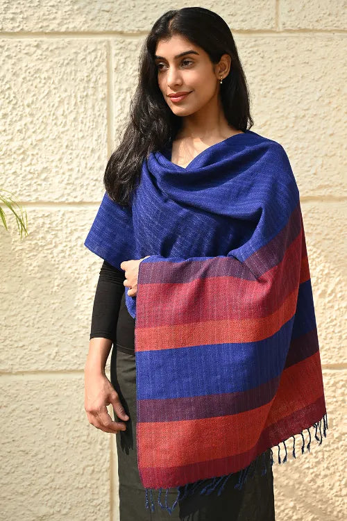 The ICH Fine, Soft Himachal Wool Self Striped Stole - Ink And Ember