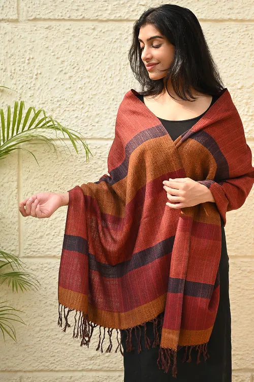The ICH Fine, Soft Himachal Wool Self Striped Stole - Harvest Glow