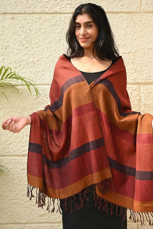 The ICH Fine, Soft Himachal Wool Self Striped Stole - Harvest Glow