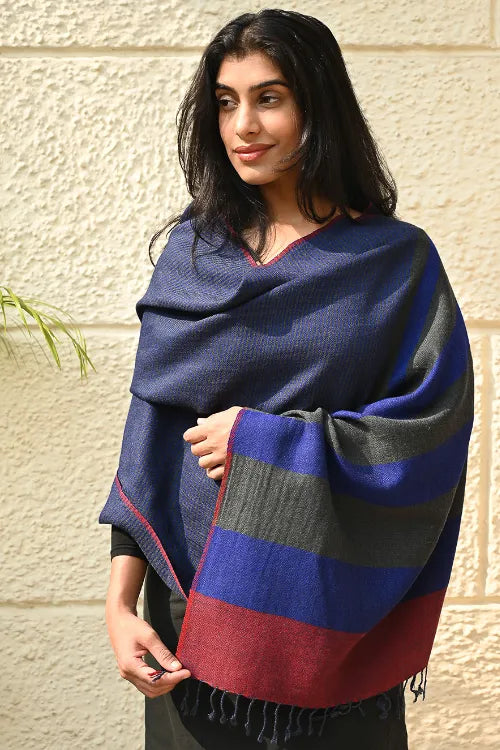 The ICH Fine, Soft Himachal Wool Self Striped Stole - Navy Glen