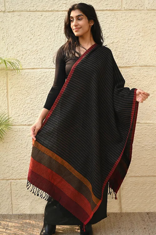 The ICH Fine, Soft Himachal Wool Self Striped Stole - Noir Stripes