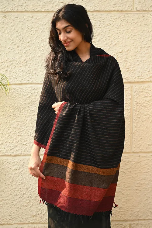 The ICH Fine, Soft Himachal Wool Self Striped Stole - Noir Stripes