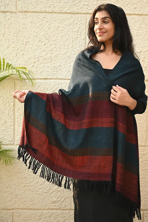 The ICH Fine, Soft Himachal Wool Self Striped Stole - Cobalt Haze