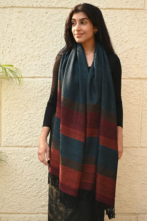 The ICH Fine, Soft Himachal Wool Self Striped Stole - Cobalt Haze