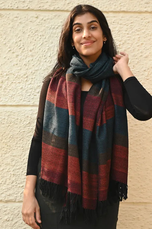 The ICH Fine, Soft Himachal Wool Self Striped Stole - Cobalt Haze