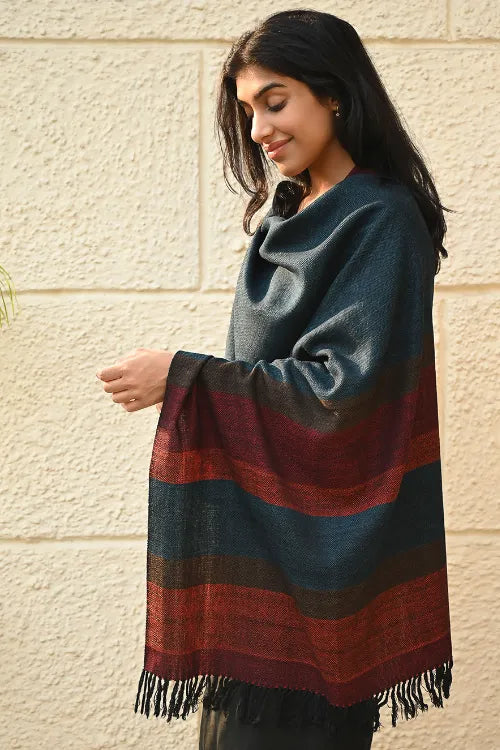 The ICH Fine, Soft Himachal Wool Self Striped Stole - Cobalt Haze