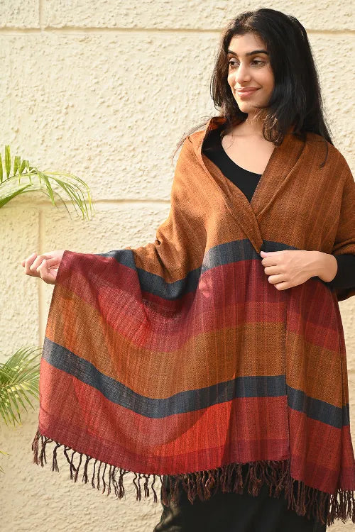 The ICH Fine, Soft Himachal Wool Self Striped Stole - Golden Dawn