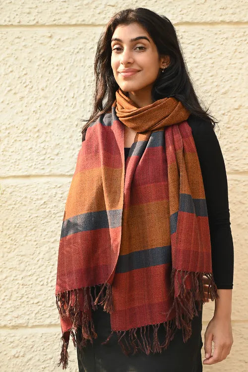 The ICH Fine, Soft Himachal Wool Self Striped Stole - Golden Dawn