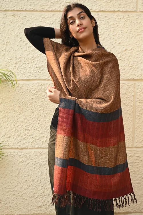 The ICH Fine, Soft Himachal Wool Self Striped Stole - Golden Dawn