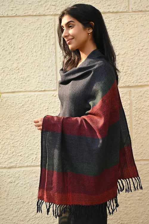 The ICH Fine, Soft Himachal Wool Self Striped Stole - Grey Dusk