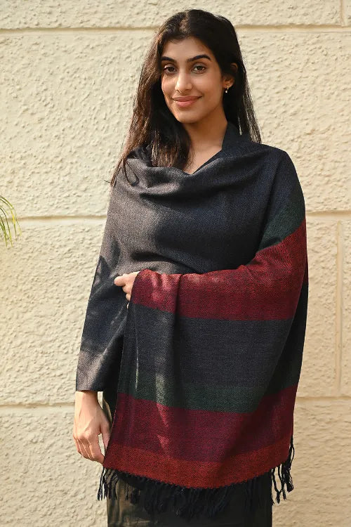 The ICH Fine, Soft Himachal Wool Self Striped Stole - Grey Dusk