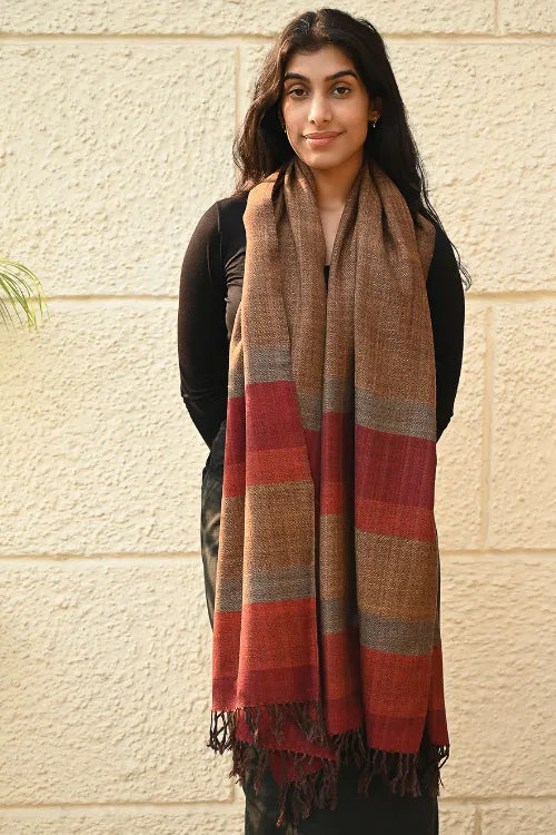 The ICH Fine, Soft Himachal Wool Self Striped Stole - Sandalwood Grove