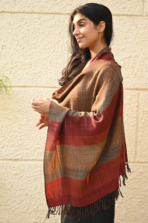 The ICH Fine, Soft Himachal Wool Self Striped Stole - Sandalwood Grove