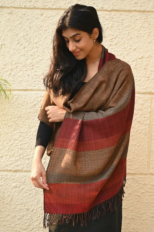 The ICH Fine, Soft Himachal Wool Self Striped Stole - Sandalwood Grove