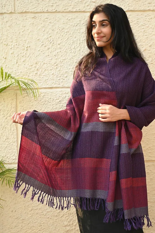 The ICH Fine, Soft Himachal Wool Self Striped Stole - Sakura Sky