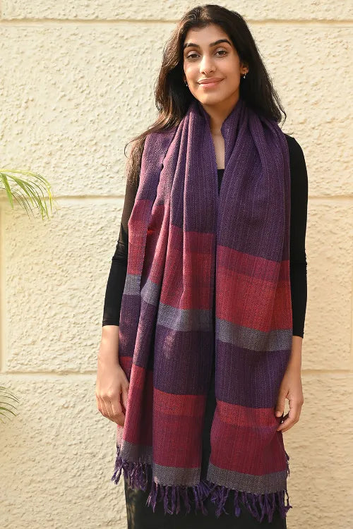 The ICH Fine, Soft Himachal Wool Self Striped Stole - Sakura Sky