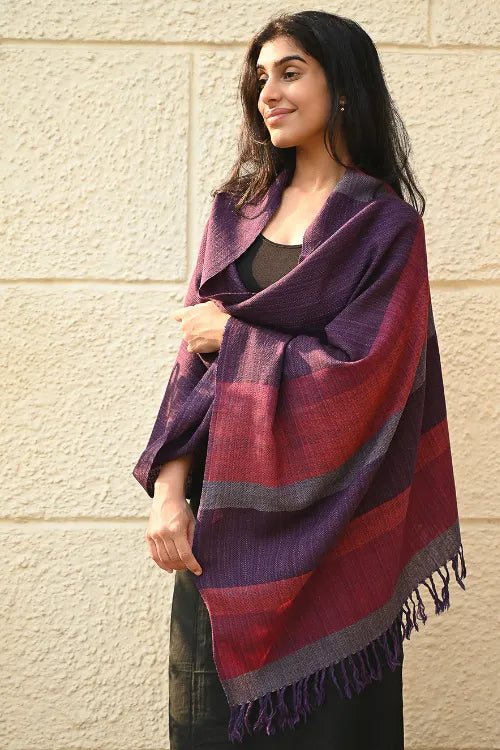 The ICH Fine, Soft Himachal Wool Self Striped Stole - Sakura Sky