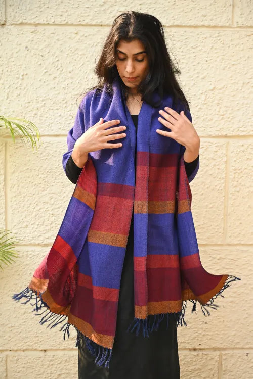 The ICH Fine, Soft Himachal Wool Striped Stole - Royal Blue And Multicolored