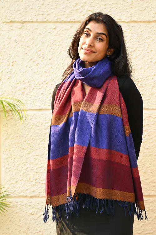 The ICH Fine, Soft Himachal Wool Striped Stole - Royal Blue And Multicolored