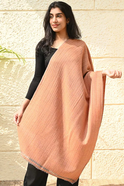 The ICH Fine, Soft Himachal Wool Self Striped Plain Stole - Peach Plain