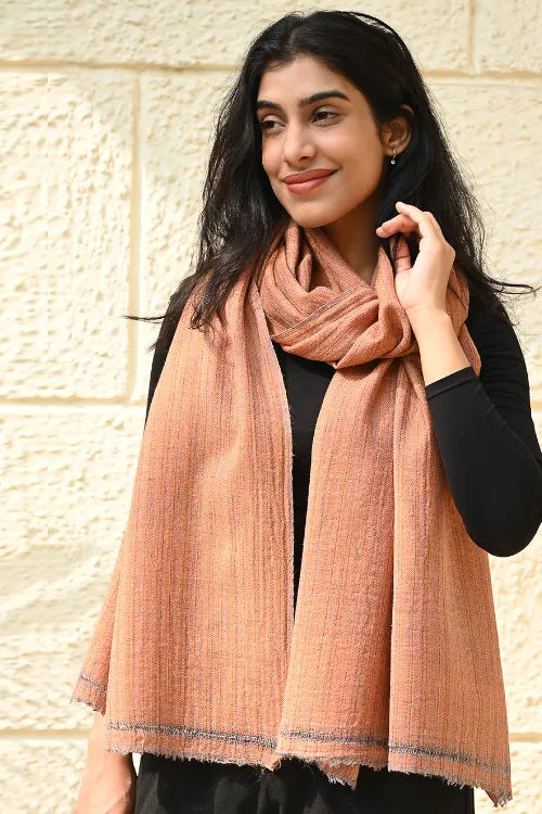 The ICH Fine, Soft Himachal Wool Self Striped Plain Stole - Peach Plain