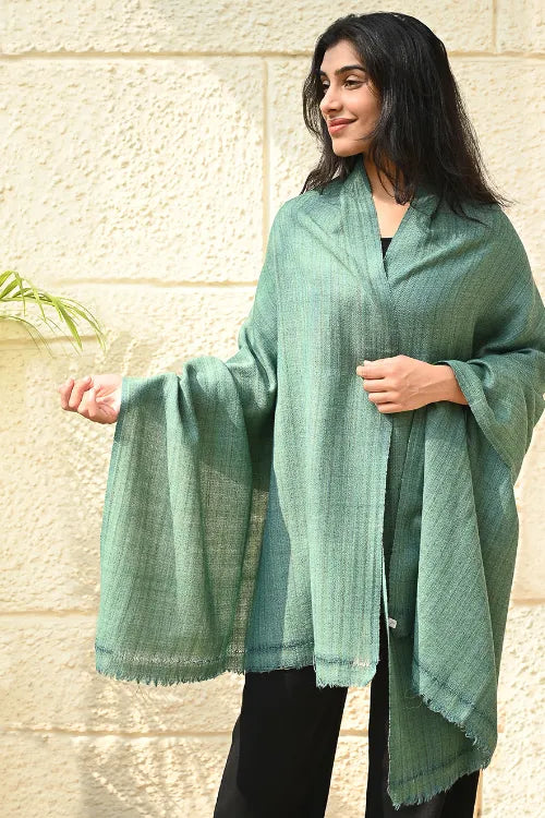 The ICH Fine, Soft Himachal Wool Self Striped Plain Stole - Sea Green