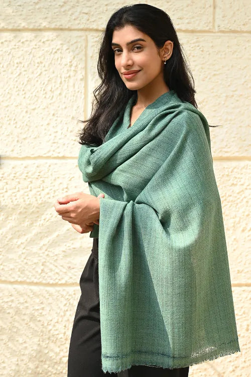 The ICH Fine, Soft Himachal Wool Self Striped Plain Stole - Sea Green