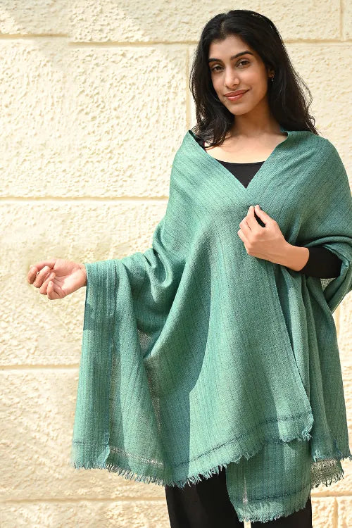 The ICH Fine, Soft Himachal Wool Self Striped Plain Stole - Turquoise Plain