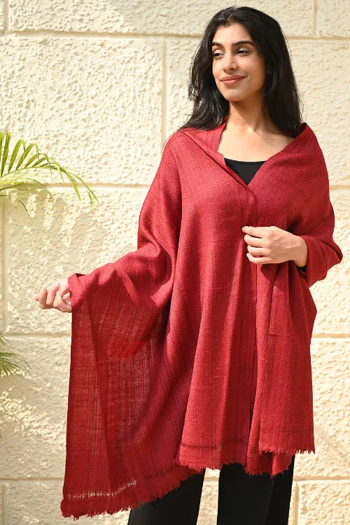 The ICH Fine, Soft Himachal Wool Self Striped Plain Stole - Crimson Grove