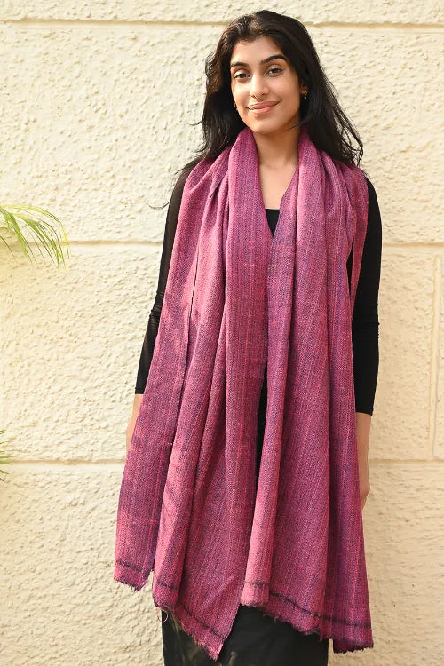 The ICH Fine, Soft Himachal Wool Self Striped Plain Stole - Mulberry Stripes
