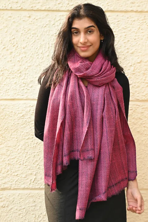 The ICH Fine, Soft Himachal Wool Self Striped Plain Stole - Mulberry Stripes