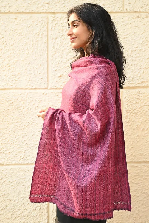 The ICH Fine, Soft Himachal Wool Self Striped Plain Stole - Mulberry Stripes
