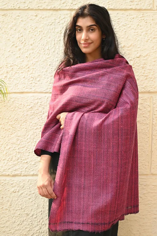 The ICH Fine, Soft Himachal Wool Self Striped Plain Stole - Mulberry Stripes