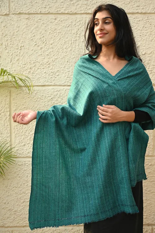 The ICH Fine, Soft Himachal Wool Self Striped Plain Stole - Teal Stripes