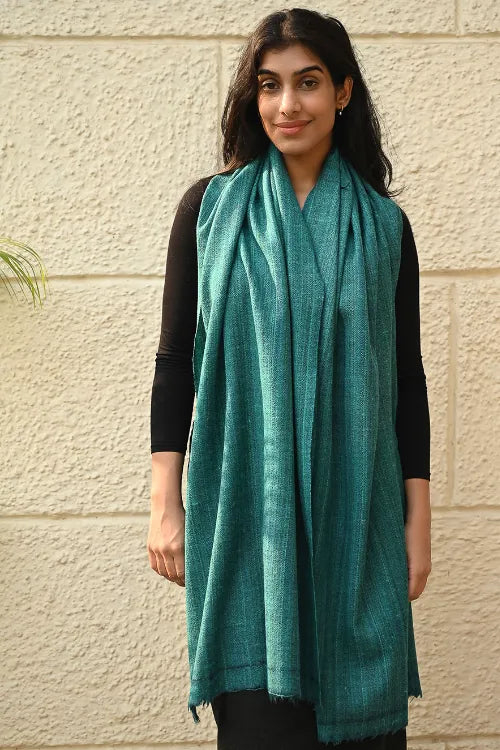 The ICH Fine, Soft Himachal Wool Self Striped Plain Stole - Teal Stripes
